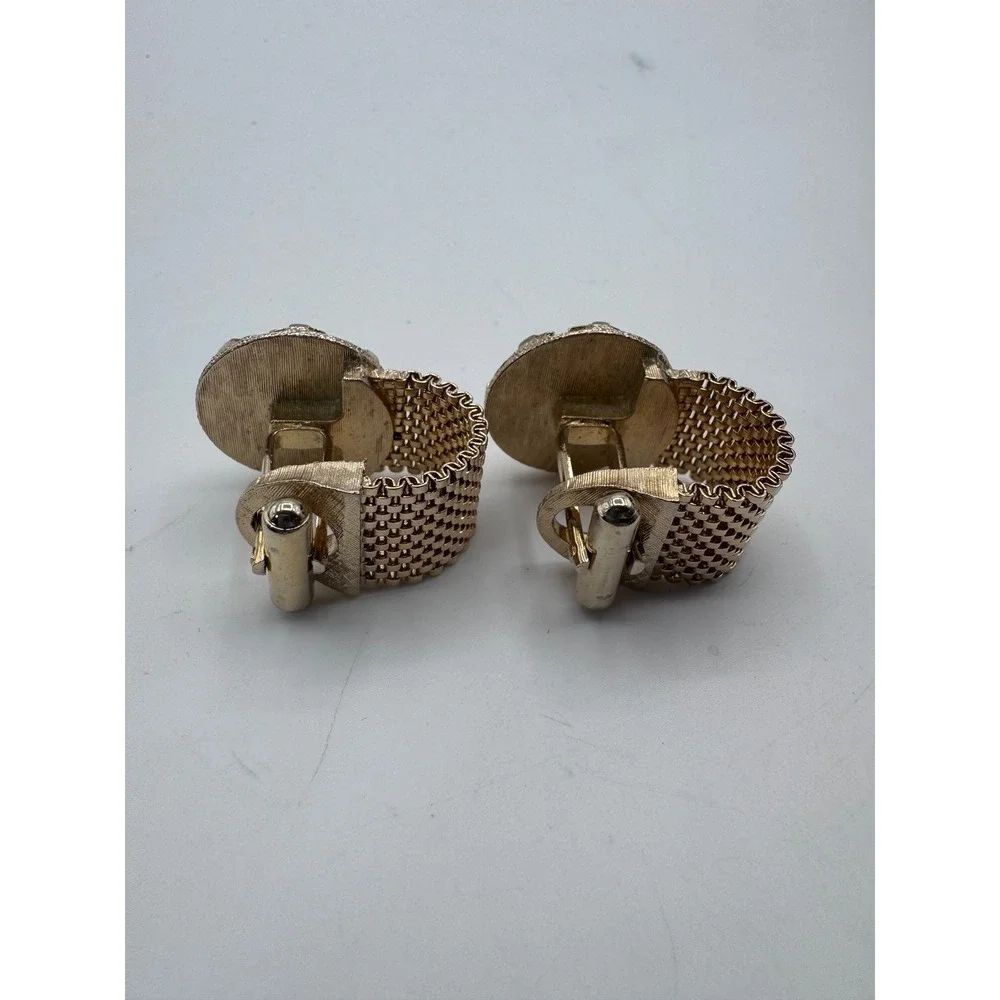 Vintage Gold Tone Mesh‎ Wrap Cufflinks Smoky Rhinestone Statement Men's